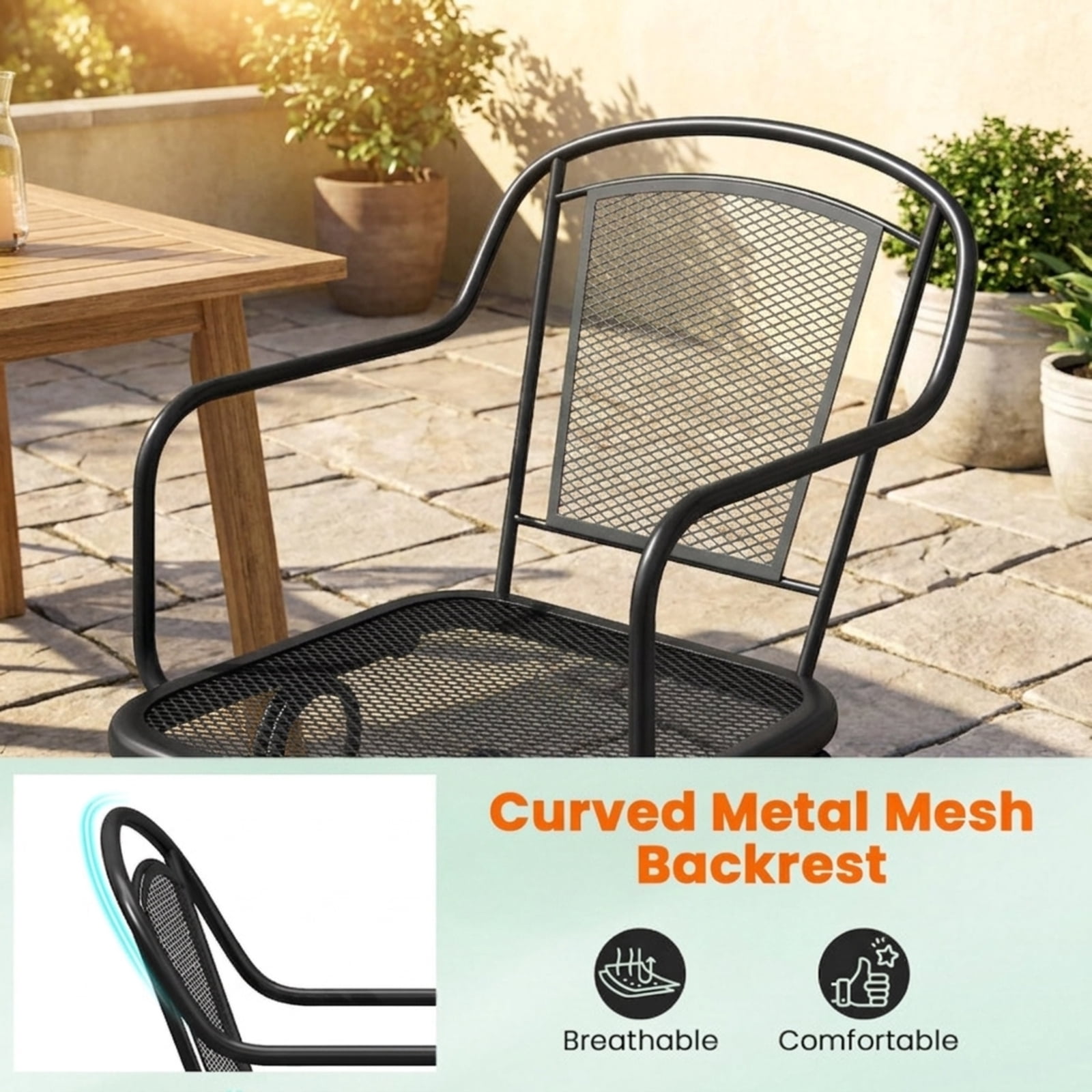 Biotree Outdoor Rocking Chairs Set of 2 with Mesh Backrest and Seat All-Metal Frame for Porch Patio Yard and Garden, Black