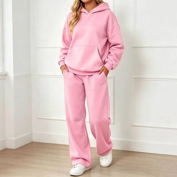 Stralyhd Womens Sweatsuits 2 Piece Set 2026 Casual Winter Long Sleeve Hoodie Loose Wide Leg Sweatpants Fall Tracksuit 2026 Viral Blogger Favorite Streetwear Set Pink L