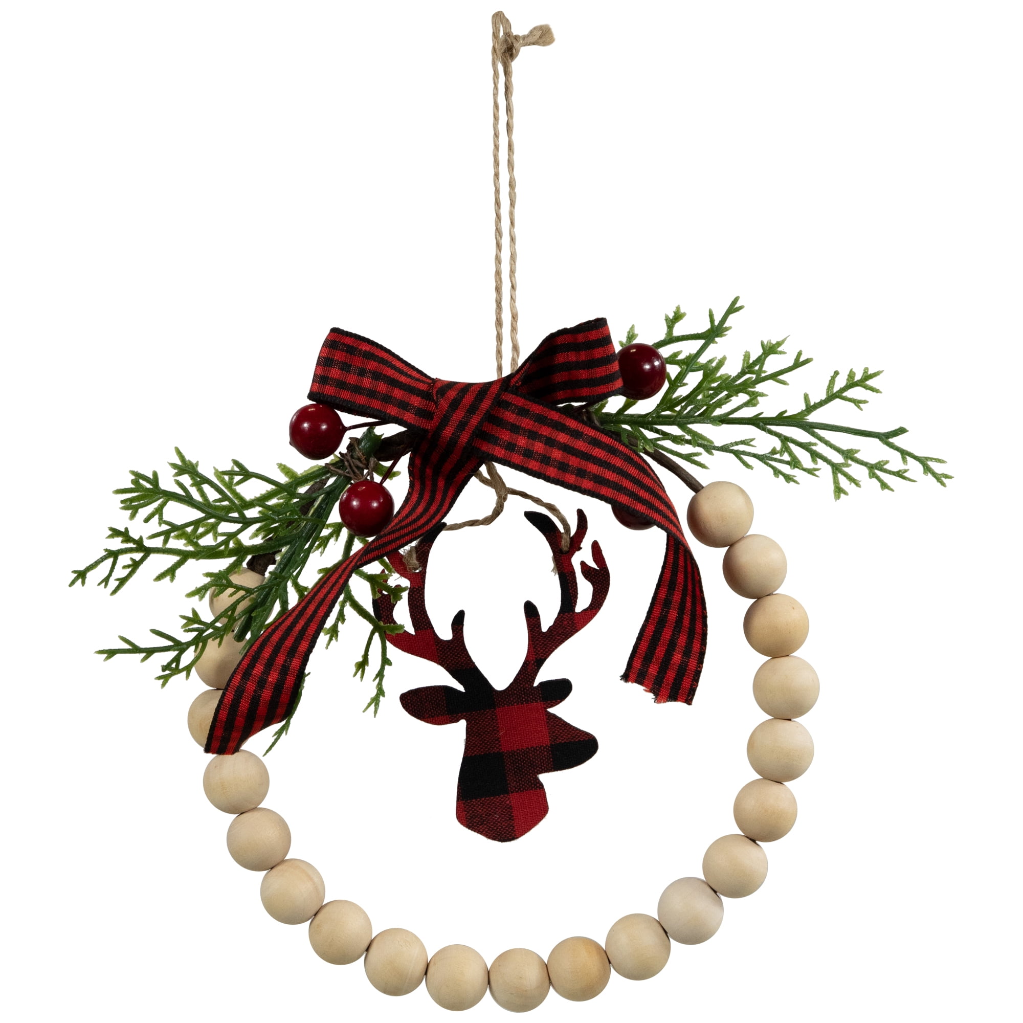 Northlight Plaid Reindeer with Pine and Berries Christmas Wreath Ornament - 7.5"