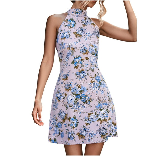 Moda mujer verano cuello halter impresión casual sin mangas cordón vestido falda Pompotops qwe13388