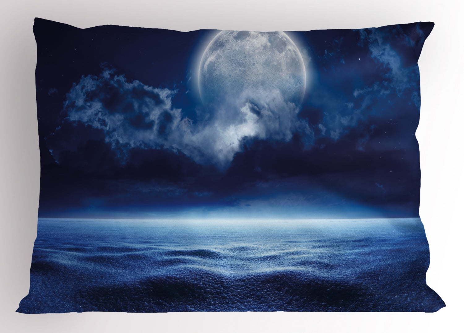 Moon Pillow Sham Full Moon with Calm Sea and Clouds Nature Image Design Cold Winter Night Sky, Decorative Standard Queen Size Printed Pillowcase, 30 X 20 Inches, Navy Blue White, by Ambesonne