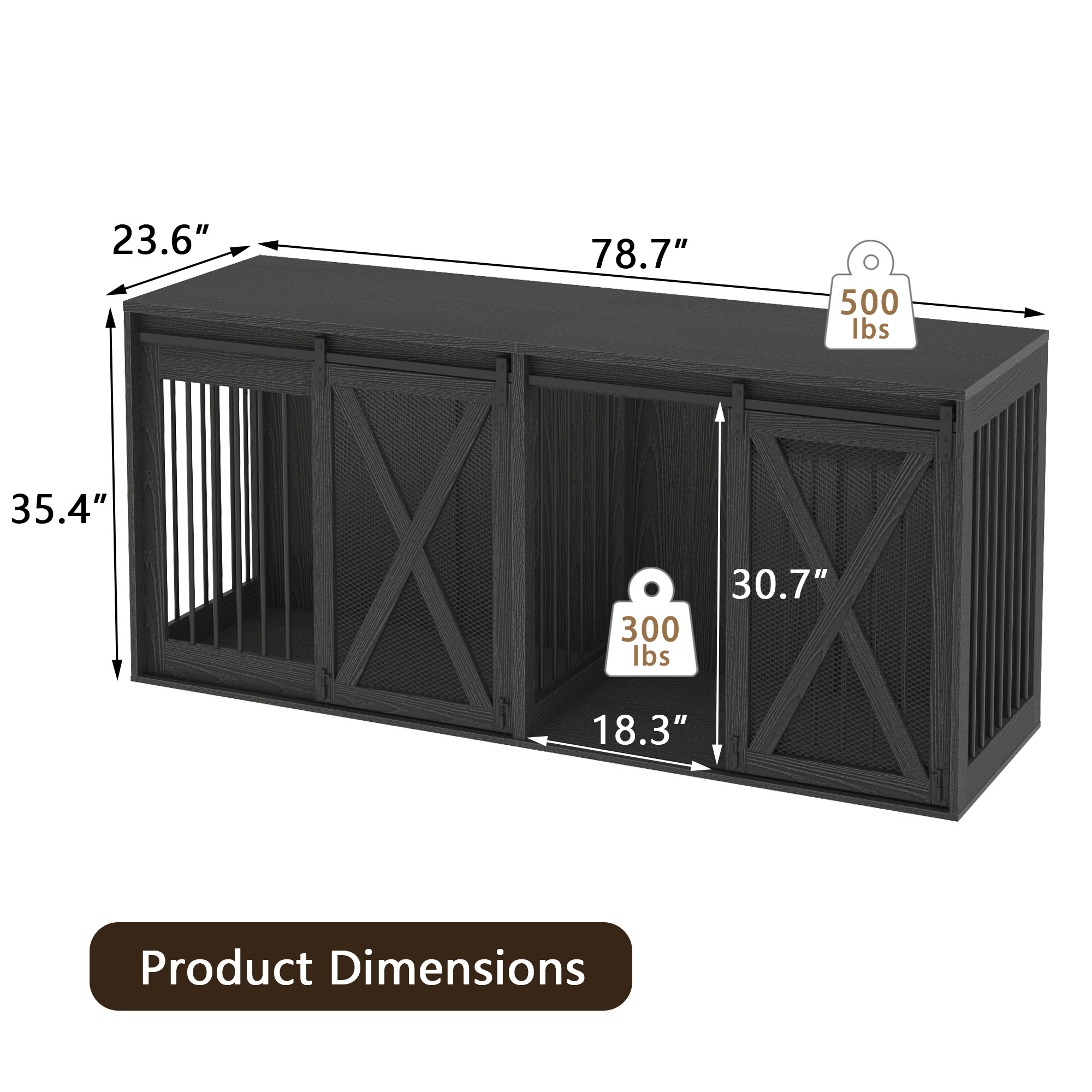 78.7" XXL Dog Crate Furniture for 2 Large Dogs, Farmhouse Dog Kennel TV Stand with Sliding Door and Removable Divider, Black