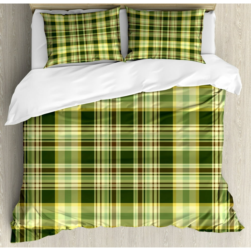 Olive Green Duvet Cover Set, Quilt Pattern Traditional Scottish Design