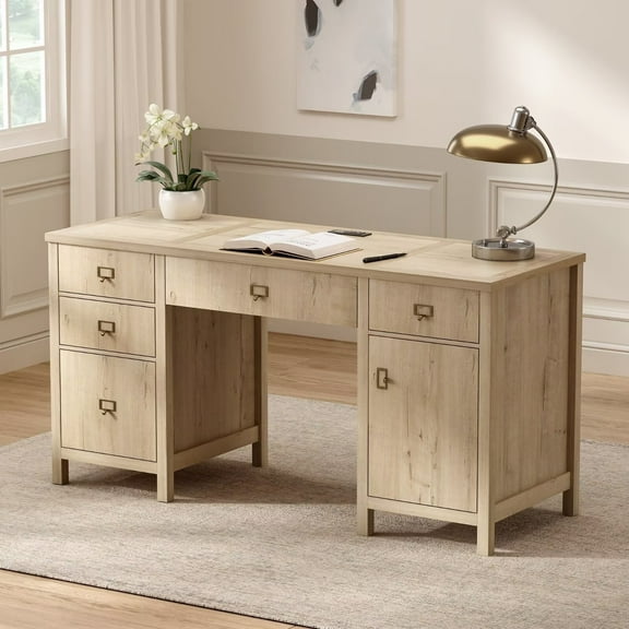 EYYTHUNG Executive Desk with Drawers,59" Computer Desk Light Wood Desk with Charging Station, Light Oak
