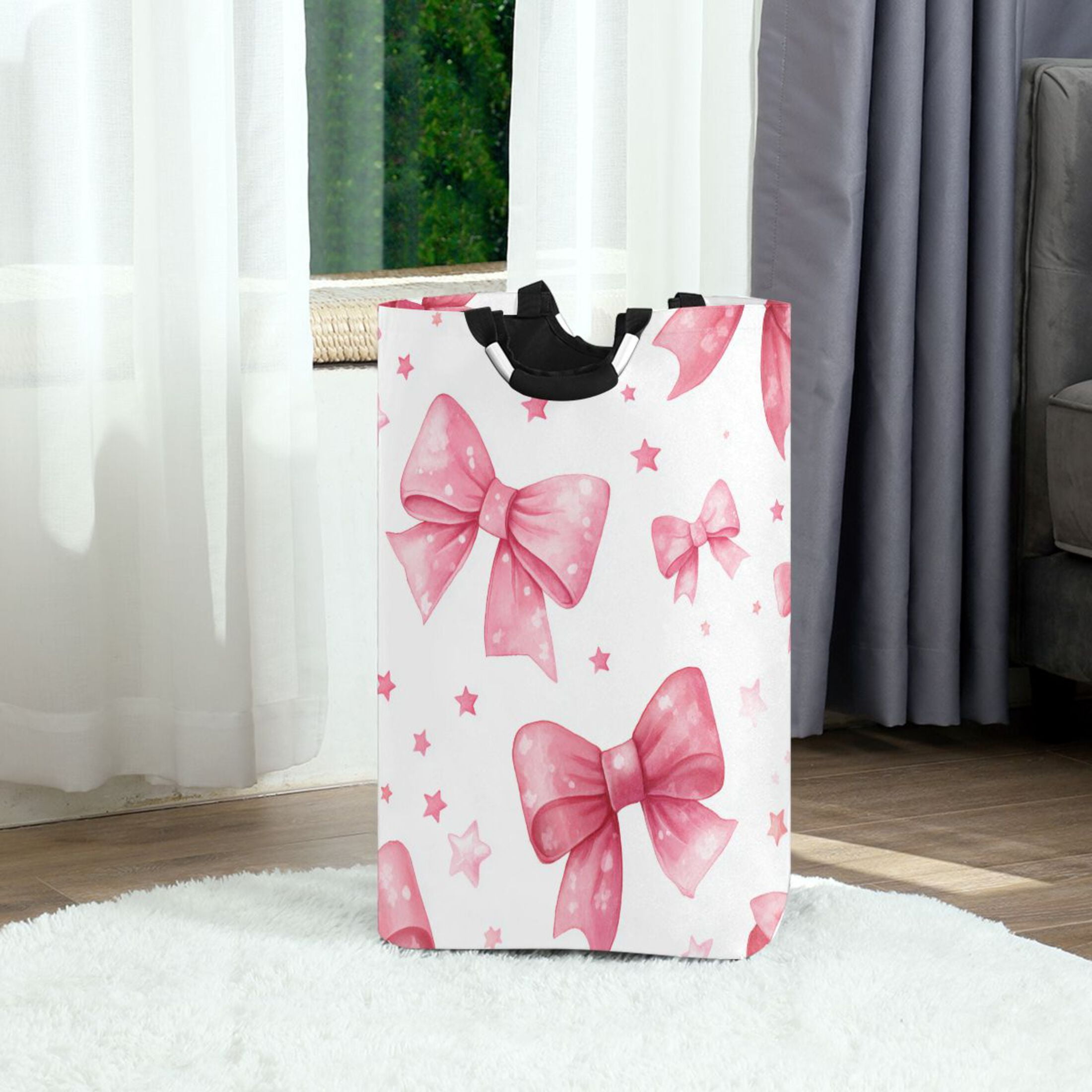 Pink Bows and Stars Laundry Basket with Handles Foldable Laundry Hamper Freestanding Washing Bin 50L