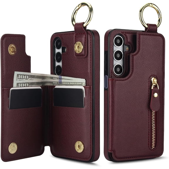 YUYAN-Phone Case for Samsung Galaxy A16 5G/4G Wallet with Tempered Glass Screen Protector Cover and Cell Accessories Stand Zipper Card Holder Slot Ring Protective Flip A 16 16A Women Men Wine Red