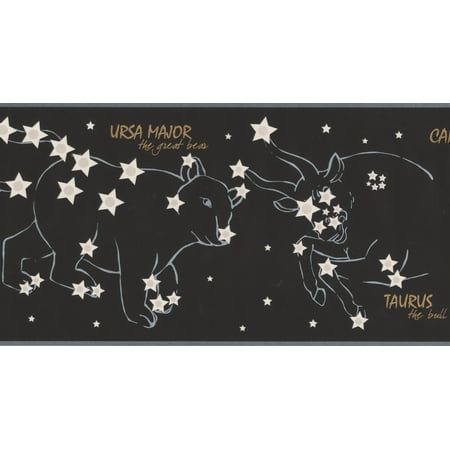 Block Wallpaper Border - Night Sky with Marked Constellations Stars Black Wallpaper Border for Kids Bedroom Bathroom, Roll 15' x 7''