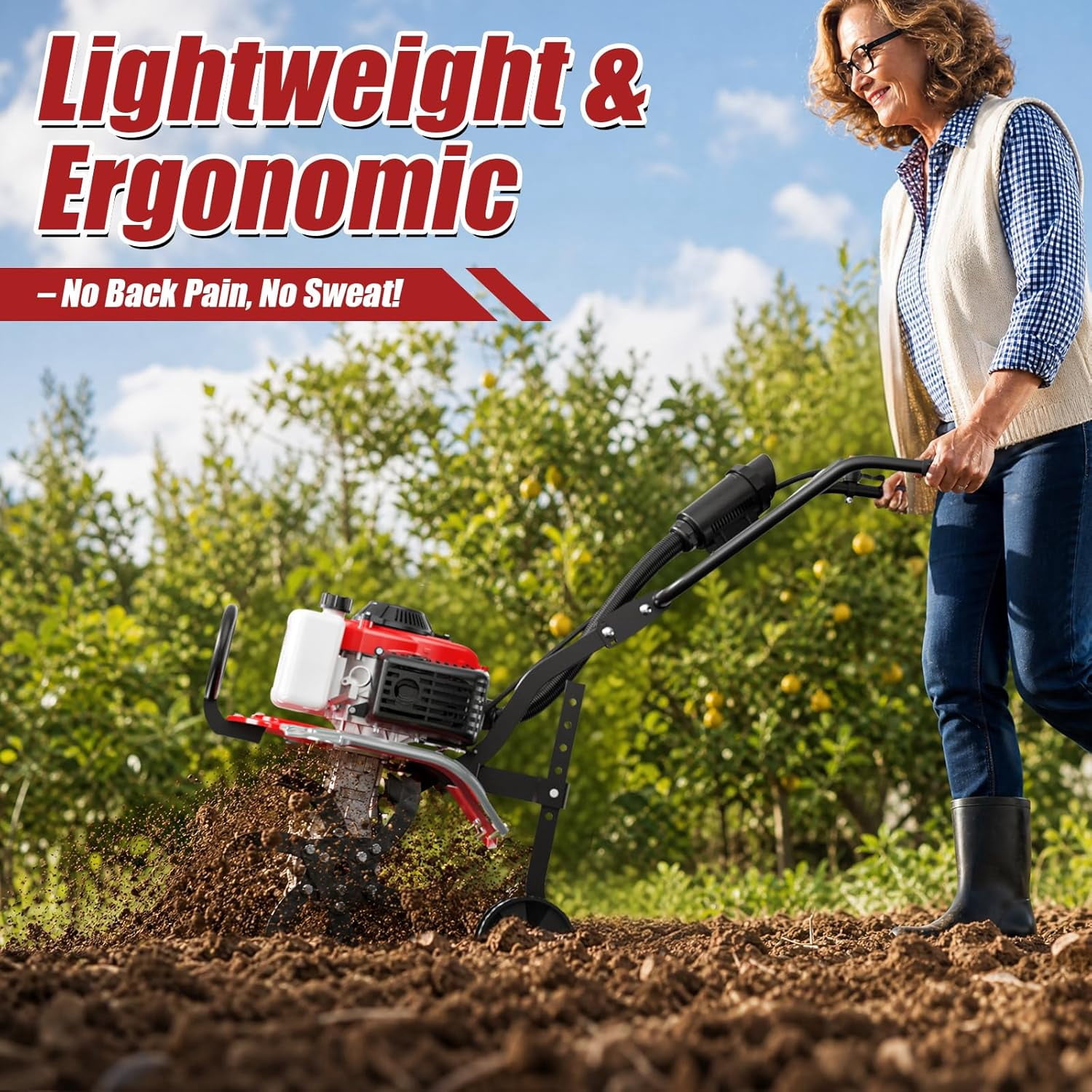 EAYSG 4 Stroke Gas Tiller Cultivator, 1.5KW 7500RPM Heavy Duty Rototiller, 6-Position Adjustable Height, 20" Working Width, 10" Tilling Depth, Gasoline Powered for Lawn Yard Soil Cultivation