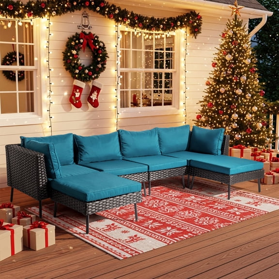UBesGoo 6-Pc Modular Patio Sectional, Black Rattan Wicker Set with Removable Peacock Green Cushions