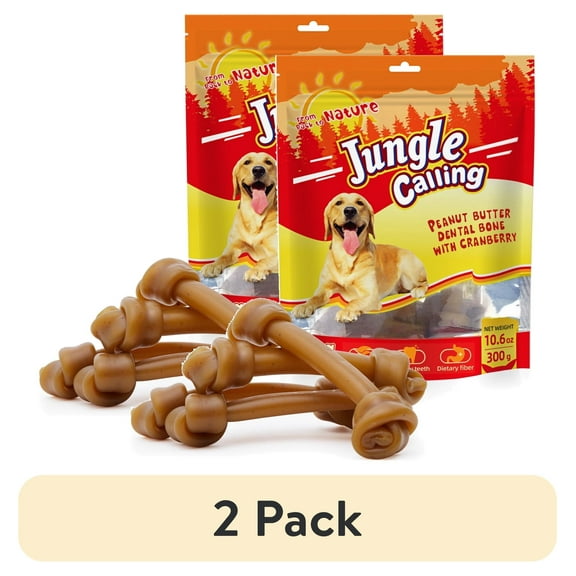 (2 pack) Jungle Calling Rawhide Free 6.5'' Peanut Butter Bones Dog Treats,Dog Chews for Dogs,4 Count