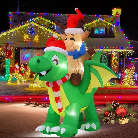 InfleasJoiy 8ft Elk Riding on Dinosaur Christmas Inflatable Decoration with LED Lights
