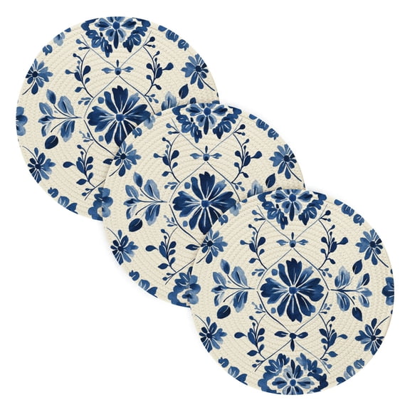 BZSMCE Mats for Pots,Pans Place Design Blue Flowers Art Print Simple Style Pattern Pot Mats