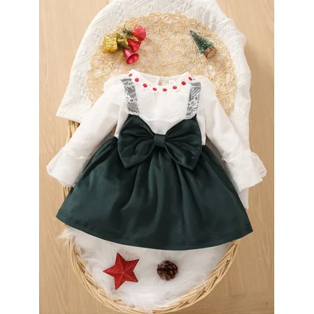 

Toddler Baby Girls Dress Splicing Bow Lace Princess Dress Birthday Party Dress Kids Clothes