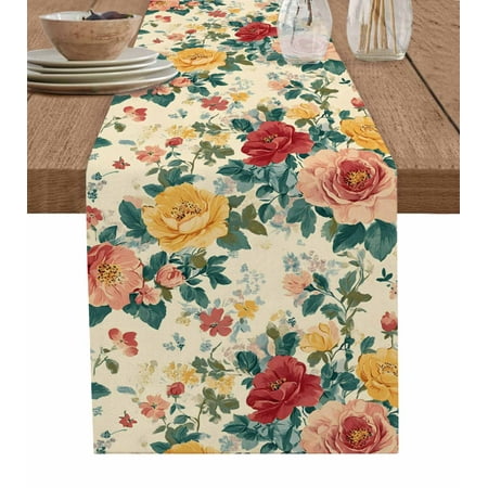 

Table Runner Dresser Scarves 36 Inch Long Retro Blossom Watercolor Floral Linen Dining Table Runners Spring Vintage Flower Art Tabletop Scarf for Wedding Holiday Party Kitchen