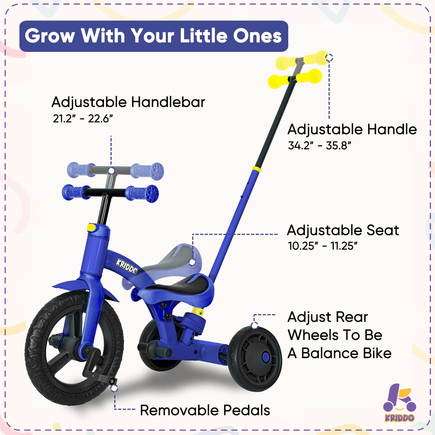 KRIDDO 4 in 1 Kids Tricycle for 1.5 to 3 Yea Old with Parent Steering Push Handle 12 Inch Front Wheel Trike Toddler Balance Bike for Boys Girls 18 Month to 3 Years Adjustable Height Blue Walmart