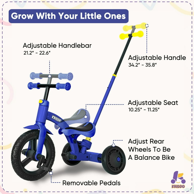 KRIDDO 4 in 1 Kids Tricycle for 1.5 to 3 Yea Old with Parent Steering Push Handle 12 Inch Front Wheel Trike Toddler Balance Bike for Boys Girls 18