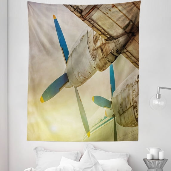 Vintage Airplane Tapestry, Old Wing Aircraft with Propellers at Sunset Snowy Winter Sky Image, Fabric Wall Hanging Decor for Bedroom Living Room Dorm, 5 Sizes, Brown Blue Yellow, by Ambesonne
