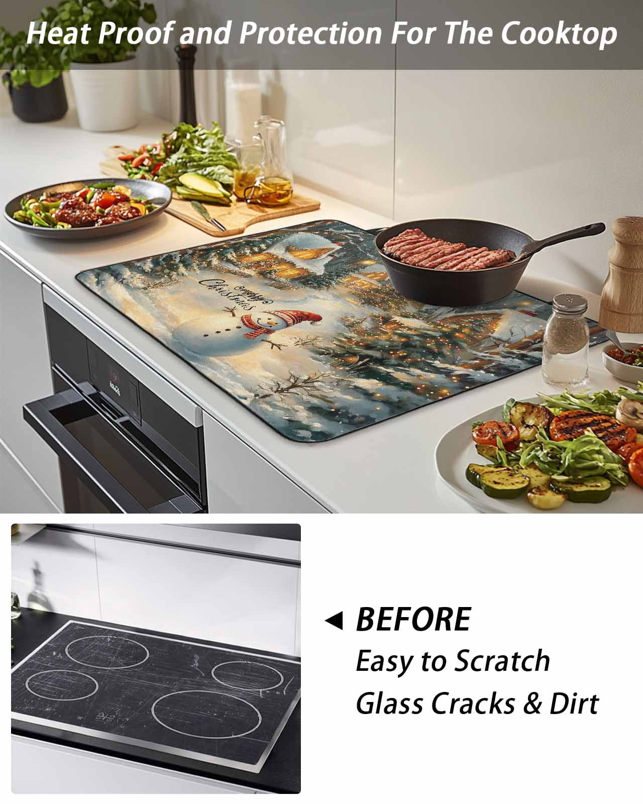 Christmas Snowman Stove Top Covers for Electric Stove, 28'x20'' Xmas Tree Rustic Farmhouse Glass Ceramic Stove Cover Foldable Rubber Mat Heat Resistant Cooktop Protector for Kitchen