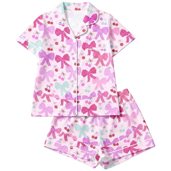 CAIVO 2 Piece Pajama Sets Girls Lapel Short Sleeve Button Down Shirt With Shorts Casual Bowknot Printed Loungewear Sleepwear For Kids Soft Breathable Summer Nightclothes Pjs