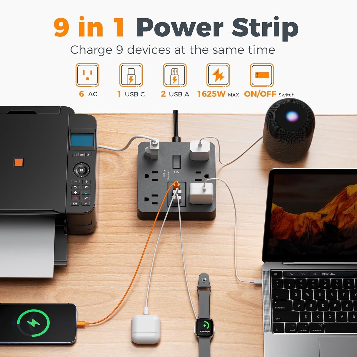 5FT Flat Plug Extension Cord, Surge Protector Power Strip with 6 Outlets and 3 USB(1 USB C), 1700J Protection Multiple Outlets Charging Station