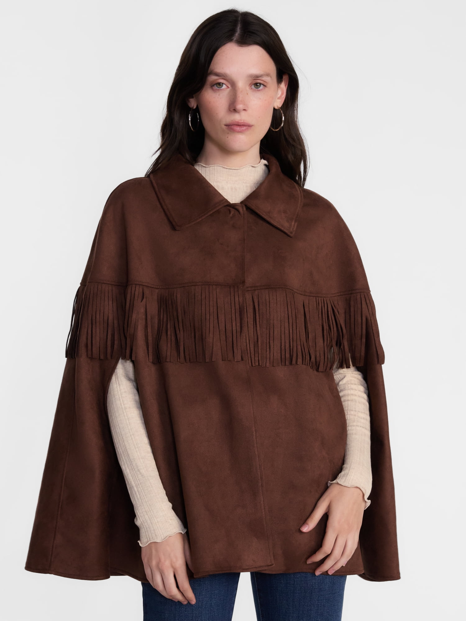 Scenario Women's Faux Suede Fringe Cape, Midweight, Sizes S-3XL