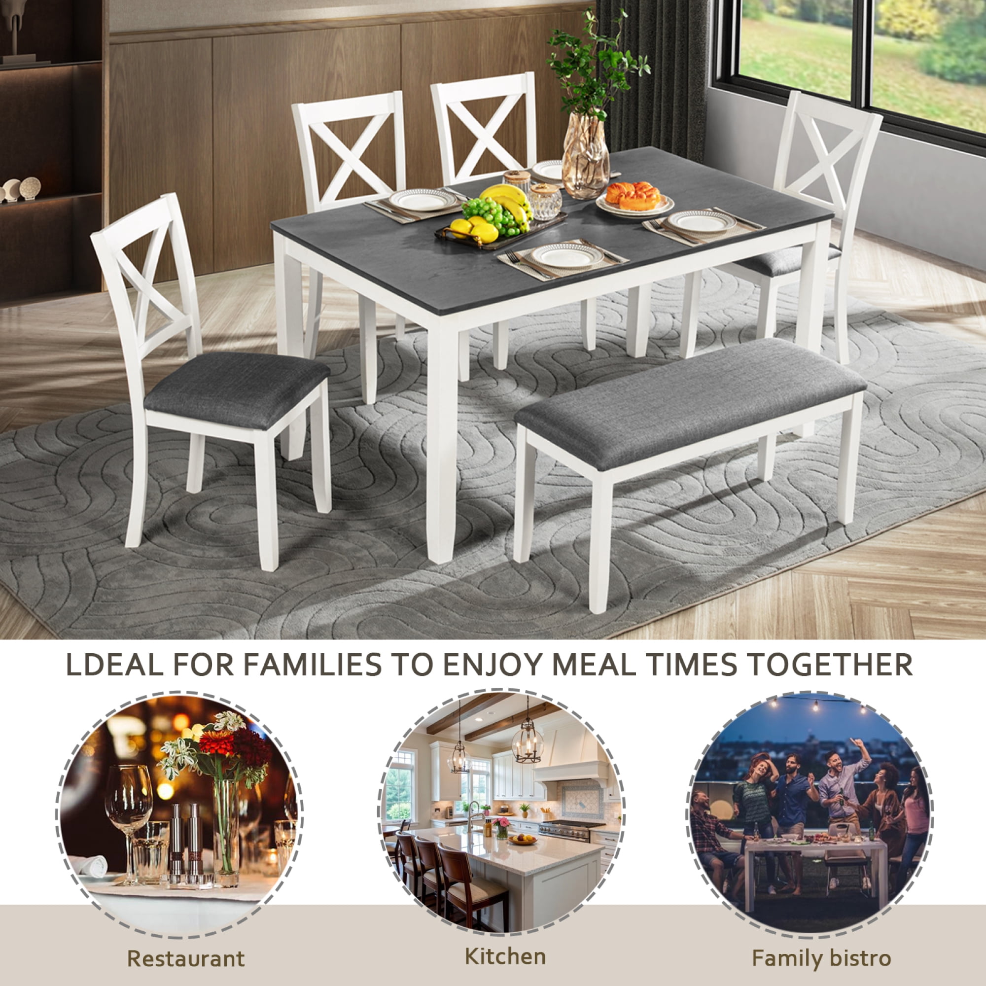 Leumius 6 Pieces Dining Table Set,Wood Dining Table Set with 4 Upholstered Chairs and a Bench,Modern Kitchen Table Set for 6 Person,White+Gray