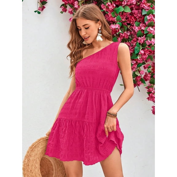 Hot Pink One Shoulder Smocked Tiered A-Line Mini Dress For Women Summer Casual Skater Dress