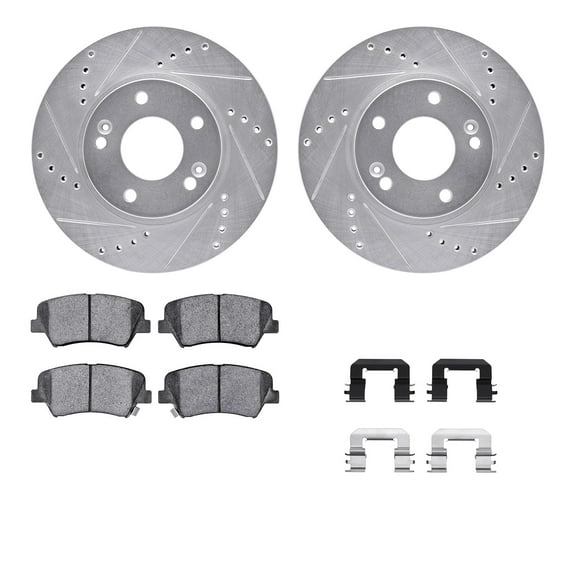 Dynamic Friction Company Front Brake Rotors-Drilled and Slotted-Silver with 5000 Advanced Brake Pads includes Hardware 7512-03076