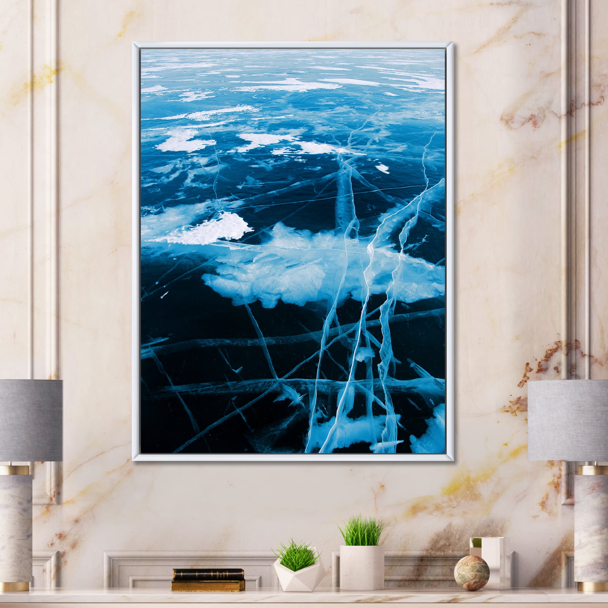 Designart 'White and Blue Ice Structure I' Modern Framed Canvas Wall Art Print