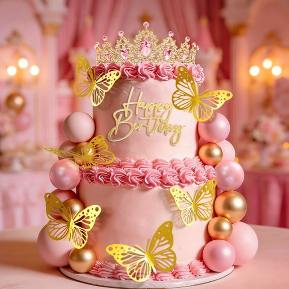 Pink Gold Crown Cake Decorations - Luxury Princess Party Decor Set 26PCS All-in-One Kit
