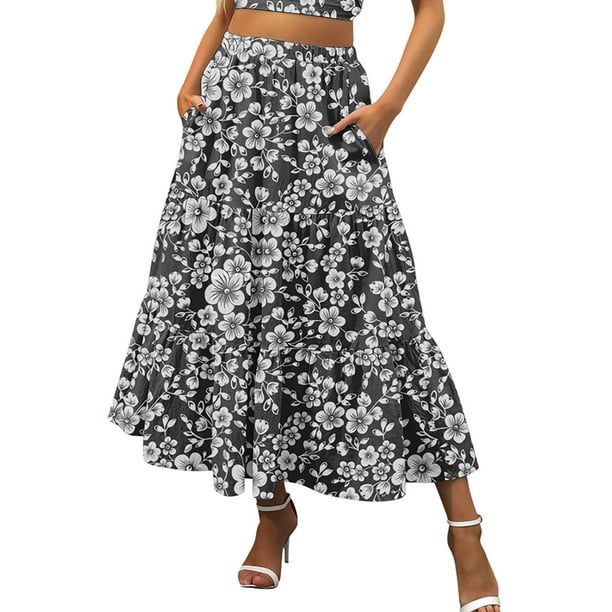 Frontwalk Women Casual Floral Skirts High Waist Ruffle Maxi Long Skirt