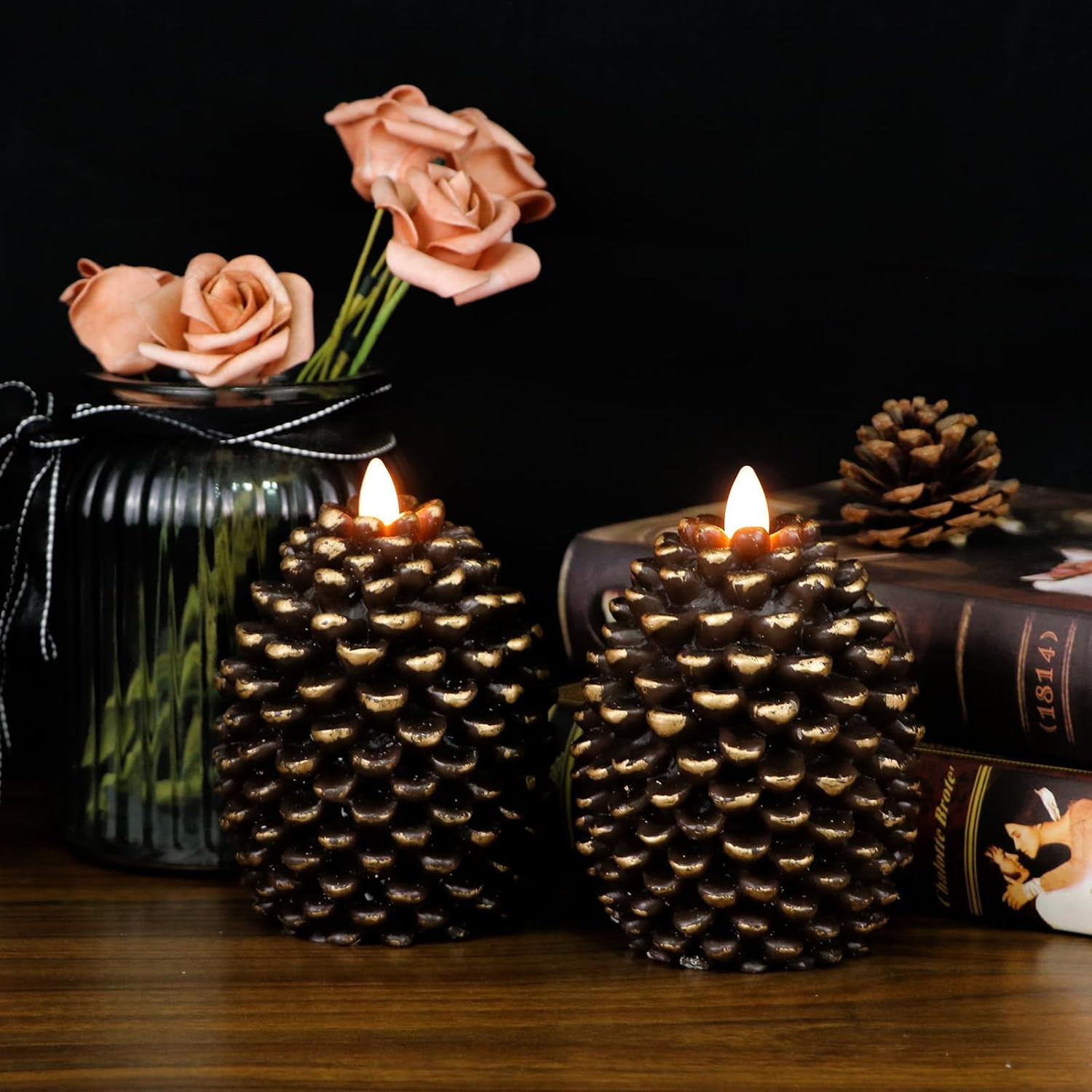 2 Pack Pine Shape Flameless Candles with Timer, Battery Operated Flickering Wick Pine Cone Candles for Holiday Indoor Christmas Decoration, Brown with Gold