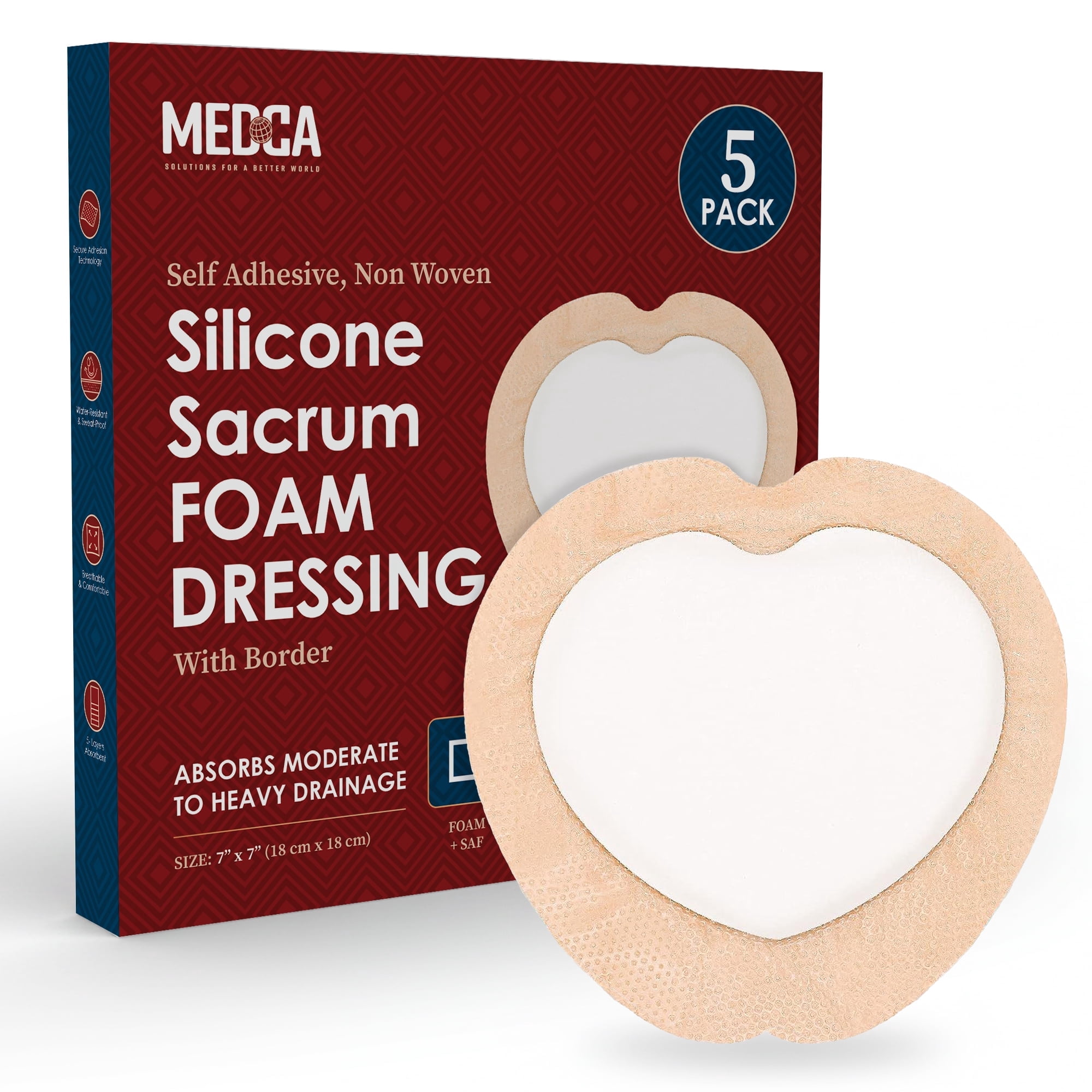 MEDca Silicone Sacrum Foam Dressing w/Adhesive Border 7"x7" Bandage (Pack of 5) - Waterproof Silicone Bandages for Wounds, Highly-Absorbent Wound Dressing for Bed Sore Sacral Foam