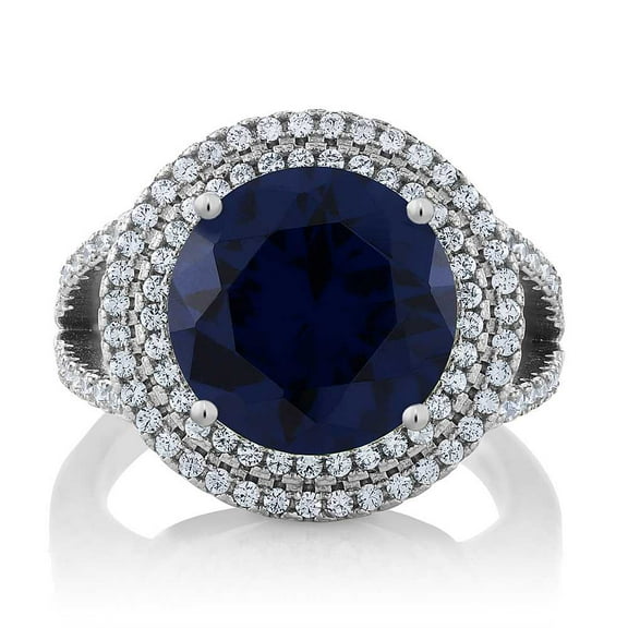 Gem Stone King 7.56 Cttw Blue Simulated Sapphire Ring | 925 Sterling Silver | Round 12MM | Wedding Engagement Anniversary Promise Ring for Women | Available in Size 5, 6, 7, 8, 9