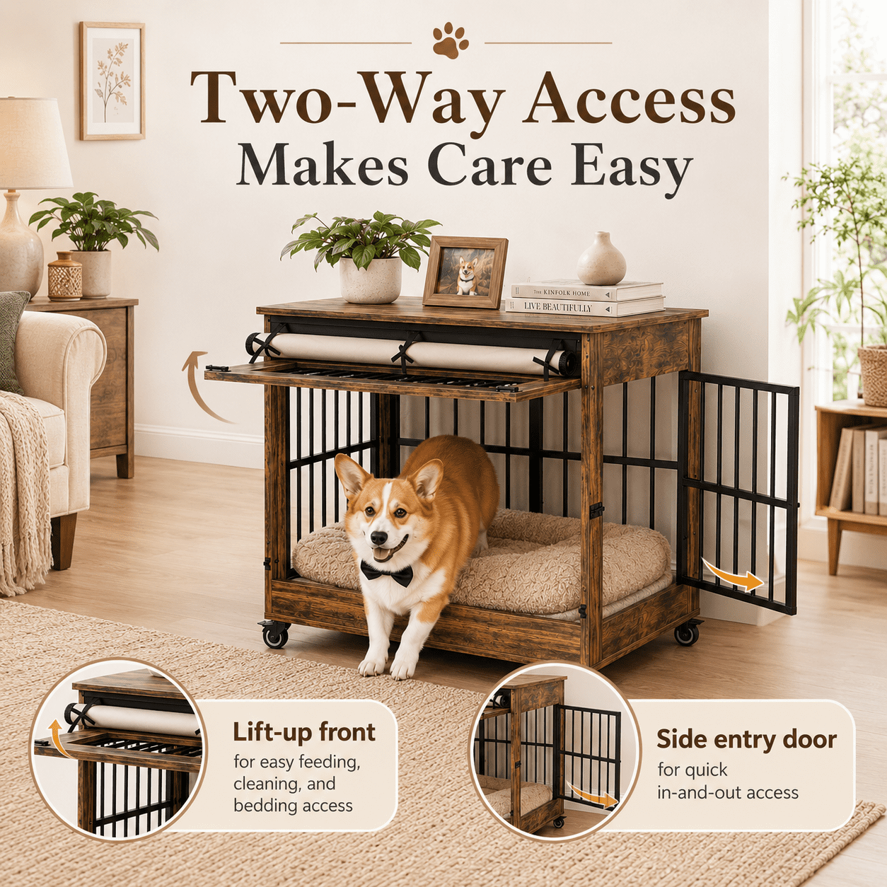 Aukfa 32.5-Inch Large Dog Crate Furniture, Indoor Dog Kennel Decorative Pet Cage End Table, Lift-Up Door, Curtain & Wheels,Rustic Brown