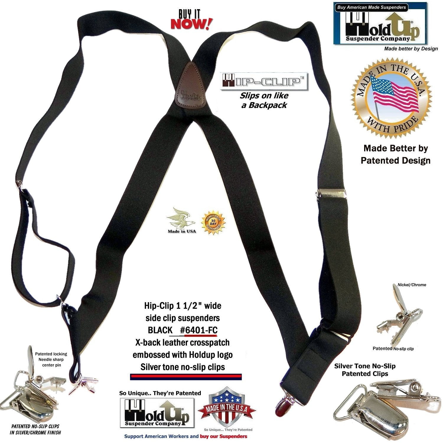 Holdup Hip-clip Style 2 Wide Trucker Suspenders with USA Patented No-slip® Clips 