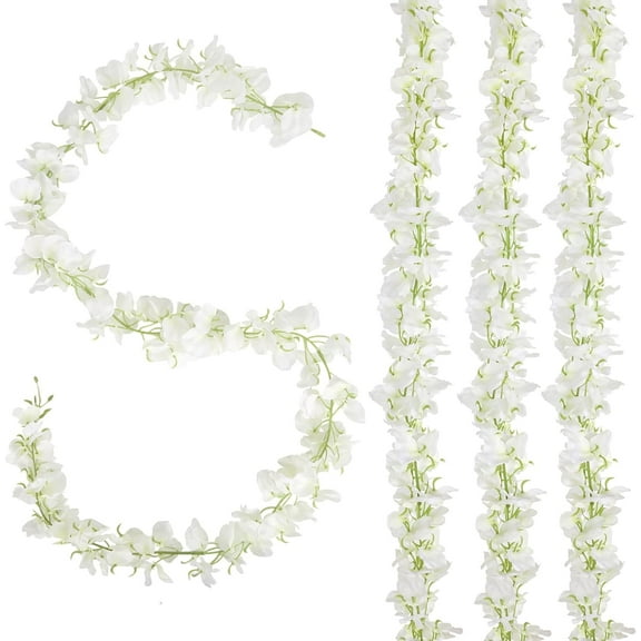 4PCS 5Ft Artificial White Wisteria Hanging Flowers Lush Fake Wisteria Flowers Vine Silk Long Wisteria Flowers Garland for Wedding Arch Table Centerpieces Garden Home Backdrop Decorations (White)