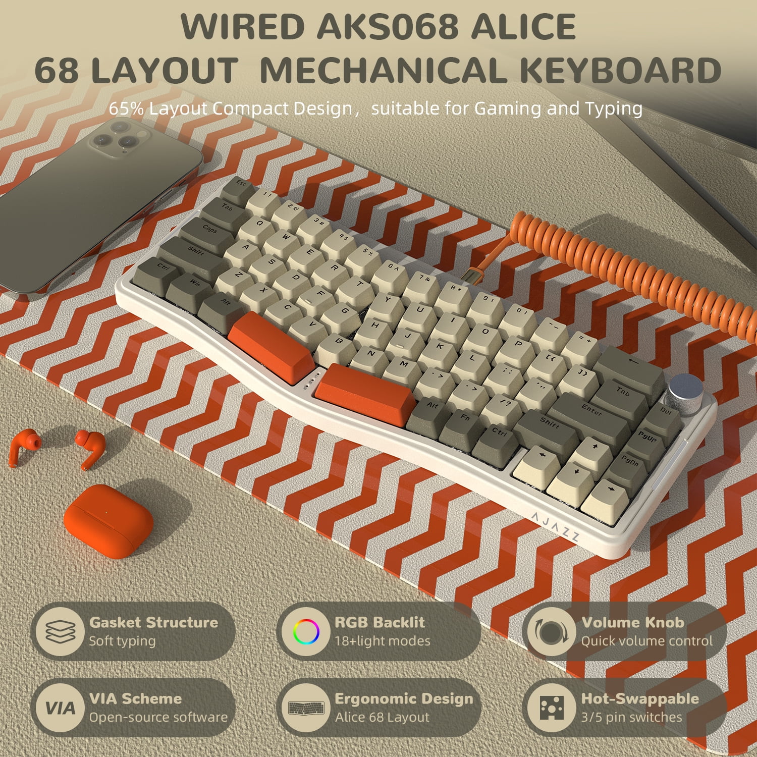 AKS068 65% Wired Mechanical Gaming Keyboard with Coiled Cable, 68-Key Alice-Layout Mechanical Keyboard, RGB Hot Swappable Red Switches VIA/QMK Programmable Knob Gasket Mount for Win/Mac (Grey)