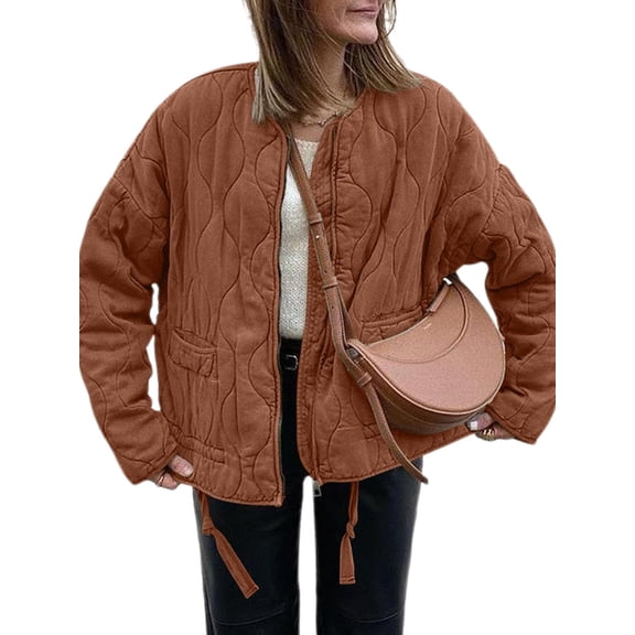 Fall Winter Collarless Women Casual Crewneck Zipper Coat Lightweight Quilted Jacket