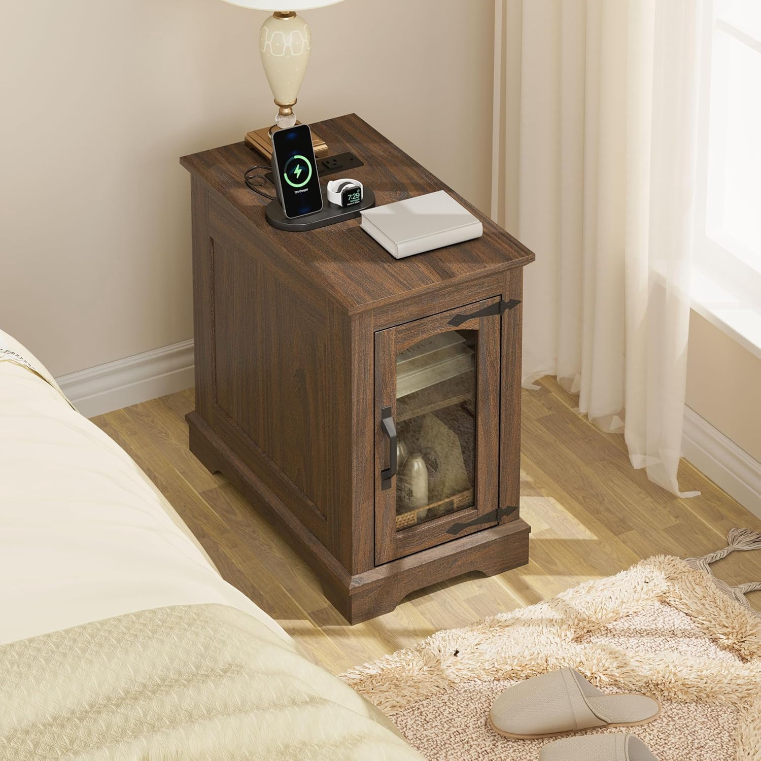 (2 pack) RTC GROUP Narrow Farmhouse End Table with Charging Station, Bedside Table with Storage Cabinet, 2 AC Outlets & 2 USB Ports, Side Table for Bedroom, Living Room, Couch or Sofa, Walnut