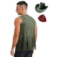thumbnail image 2 of iiniim Men's 3 Pcs Western Cowboy Outfits Cowboy Tassel Vest with Hat Bandanna Set for Cosplay Army Green XXL, 2 of 5