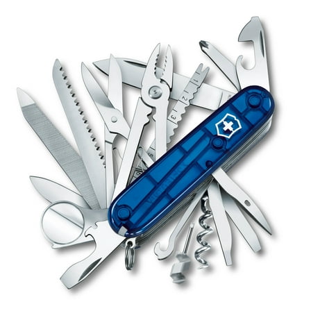 Victorinox Swiss Champ Swiss Army Knife 33 Function Swiss Made Pocket Knife With 2 Blades (Large and Small), 5 Screwdrivers and 2 Saws (Wood and Metal) - Blue Transparent