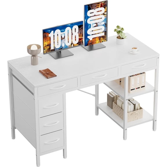 55" Computer Desk with 6 Drawers, Home Office Gaming Desks with Storage Shelves for Bedroom, Writing Study Corner Living Room Work Table White