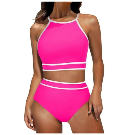 CAIVO Women Swimwear Halter Neck Top High Waisted Bikini Set Sport Color Matching Swimsuit 2PCS Set Breathable Beach Vacation Summer Swim Wear