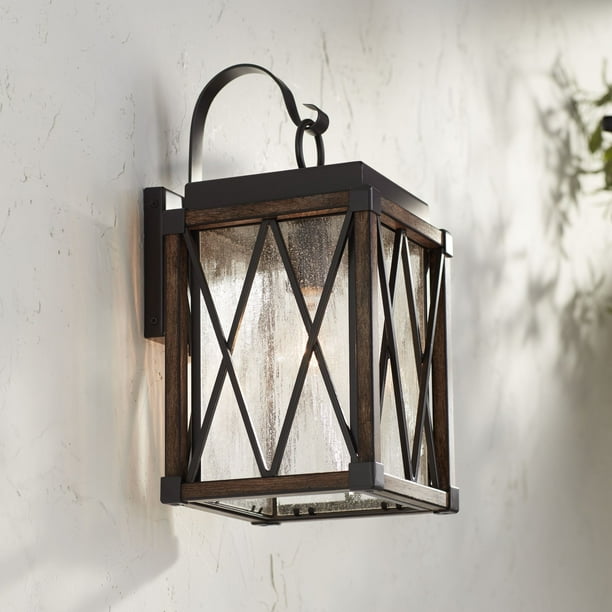 Possini Euro Design Rustic Outdoor Wall Light Fixture Bronze Wood Finish 16 1 2 Clear Seedy Glass Lantern For Exterior House Porch Patio Com Possini Euro Design Rustic Outdoor Wall, Rustic Glass Lantern Light Fixture Design