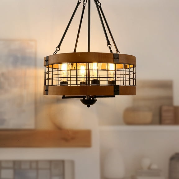 Briignite Rustic 4-Light Round Pendant Chandelier – Black Wood and Metal Farmhouse Lighting for Dining Areas, Entryways, and Kitchen Islands