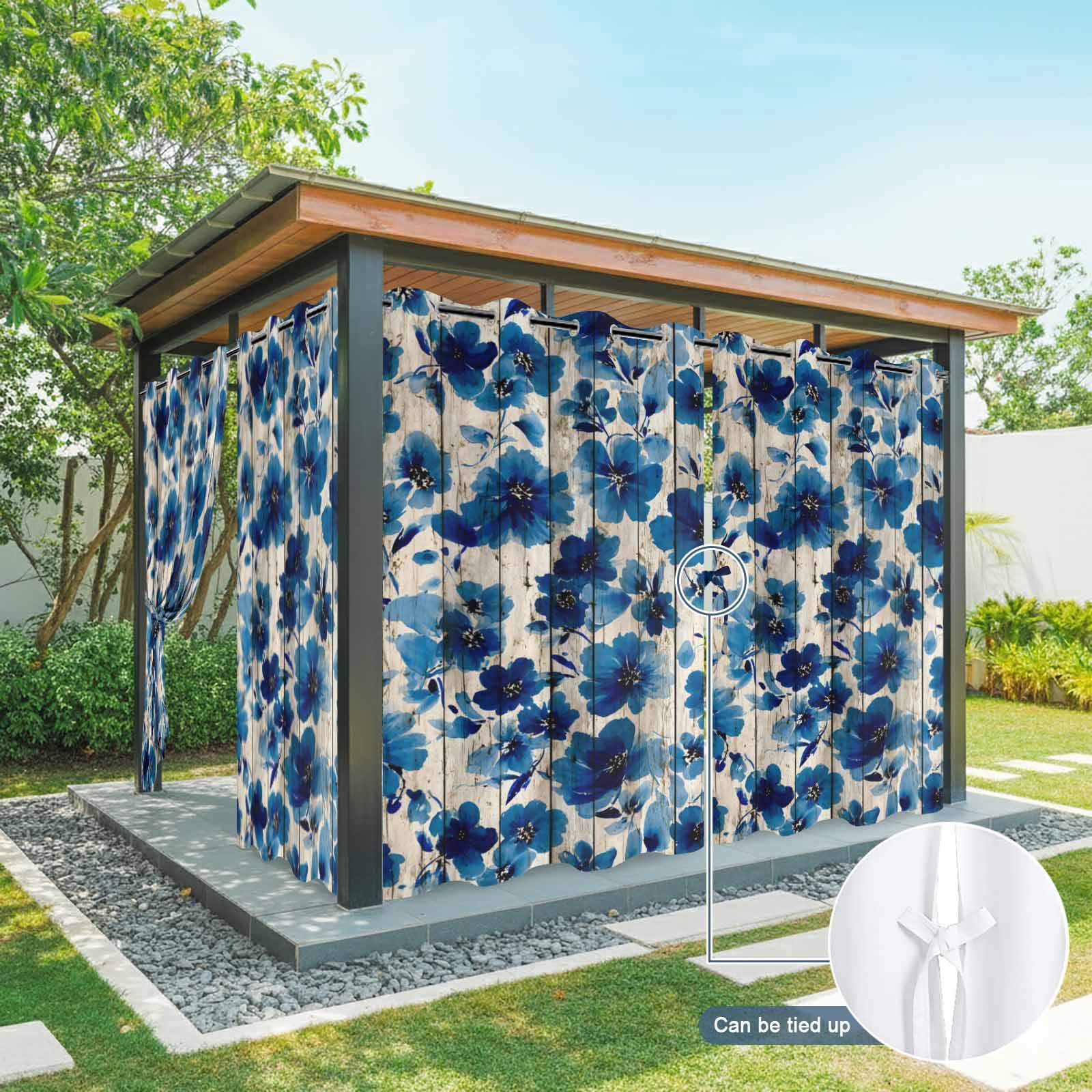 Blue Flower Outdoor Curtains for Patio, Watercolor Floral Vintage Wood Striped Country Sunshade Privacy Drapes Grommet Waterproof Outside Curtains for Porch/Cabana/Balcony 54"x 108", 1 Panel