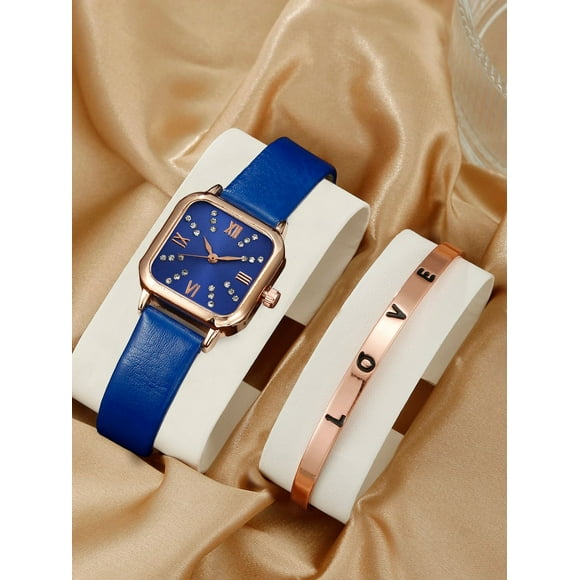 2pcs fashionable and trendy women's watches, women's light luxury bracelets, personalized quartz watches Blue