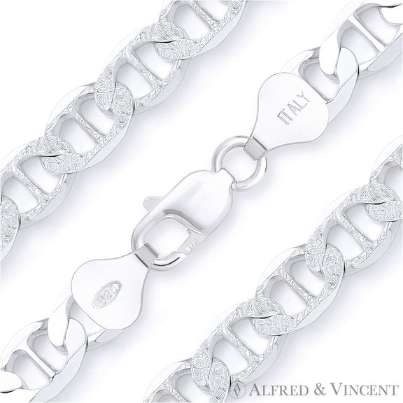 10mm Marina / Mariner Pave Link Italian Chain Bracelet in .925 Sterling Silver