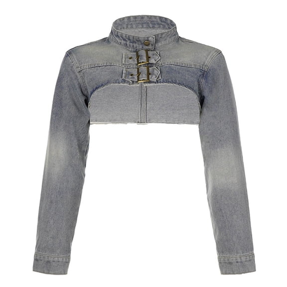 Classic Denim Jacket for Women Distressed Washed Cropped Trucker Coat with Button Front Turtleneck Blue L